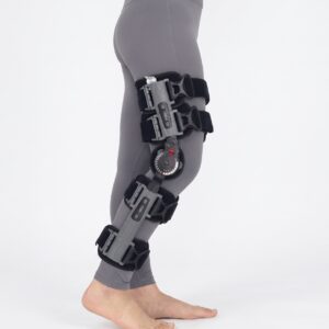 Adjustable ROM Knee Brace with Goniometer worn on leg
